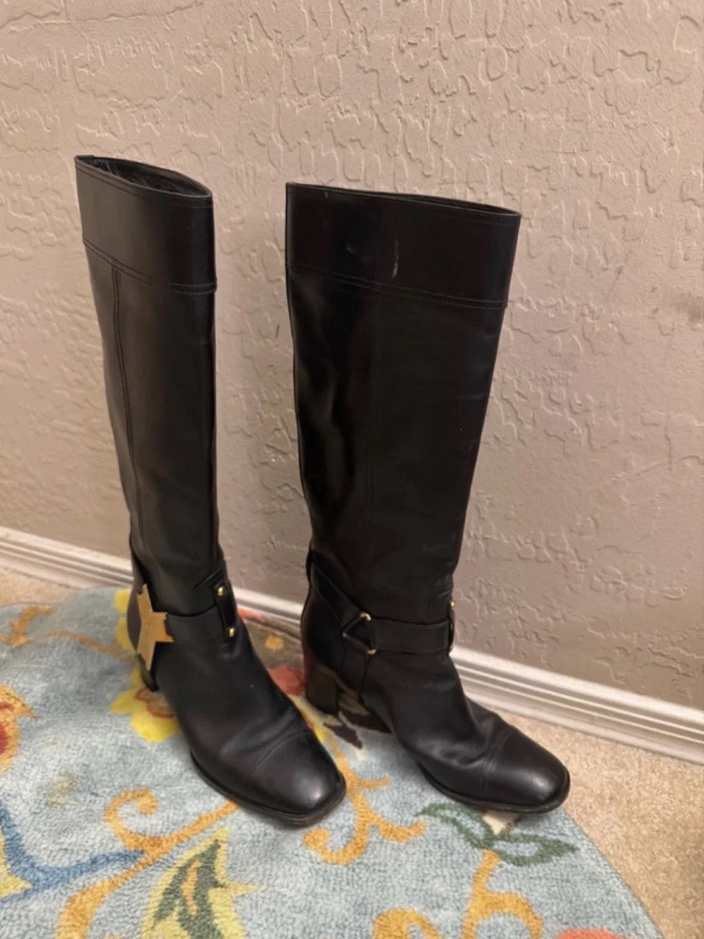 Yves Saint Laurent Black Over-the-Knee Leather Boots with Gold Studs